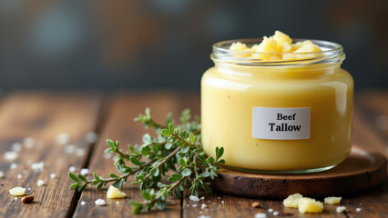 Beef Tallow in a jar with herbs and spices on a wooden surface.