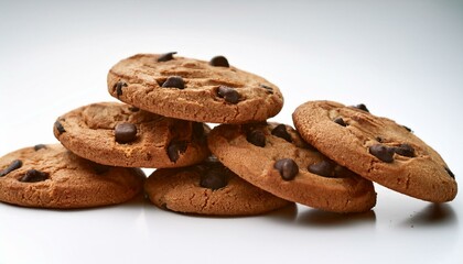 Chocolate chip cookies on a white background, showcasing a classic dessert, ideal for food photography, bakery ads, and dessert marketing