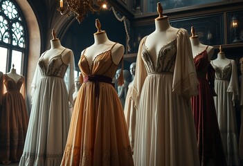 Naklejka premium Elegant Evening Dresses on Mannequins in a Vintage Shop Interior