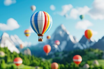 Obraz premium Colorful hot air balloons float above stunning mountain landscape.