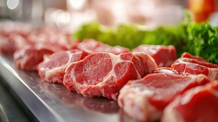 Fresh Cut Meat Display with Vibrant Green Lettuce on Table, Ideal for Culinary and Food Industry Themes, Showcasing Raw Ingredients for Cooking and Preparation