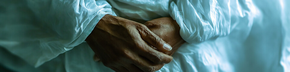A hand clutching a crumpled hospital gown, revealing pale skin and a tense expression.
