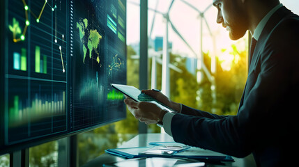 Business professional analyzing green energy data with wind turbine models
