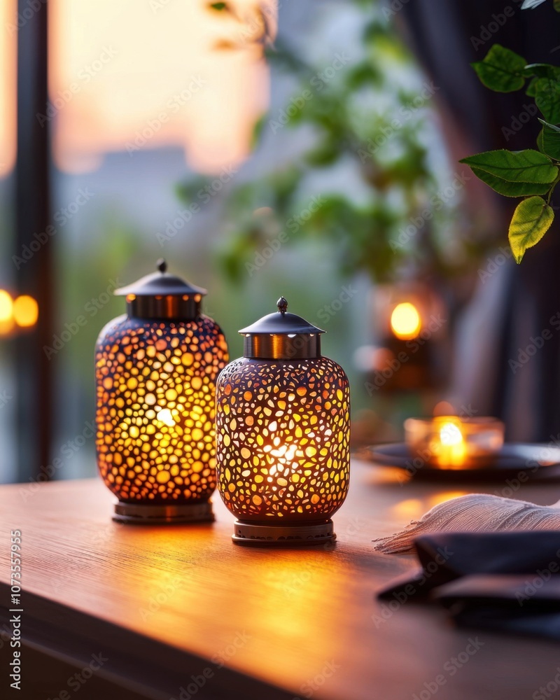 Poster elegant decorative lanterns casting warm light on a wooden table, surrounded by lush greenery and so