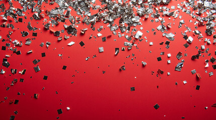Shimmering silver glitter scattered on a vibrant red background, evoking a festive, glamorous atmosphere ideal for celebrations, parties, and holiday designs.
