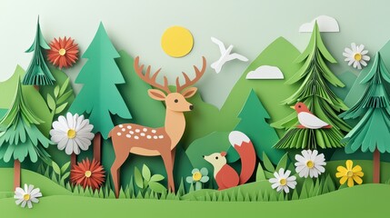 Fototapeta premium Colorful paper art featuring animals in a vibrant forest scene.