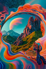 Surreal landscape featuring vibrant swirling colors with mountains and an ethereal figure in the foreground