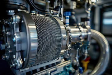 Close-up of a Diesel Engine Air Intake System with Filter and Components in an Industrial Setting