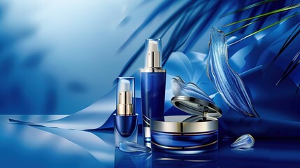 Skincare Products on a Blue Background - a refreshing and vibrant visual. The blue background enhances the appeal of the skincare products, creating a soothing and inviting scene.