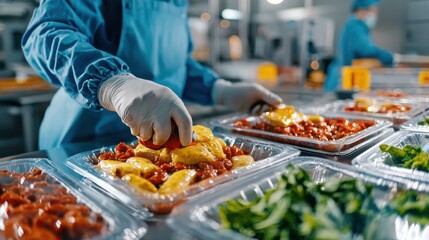 Preparing Healthy Meal Portions in a Commercial Kitchen with Fresh Ingredients and Professional Equipment for Quality Food Service and Meal Prep