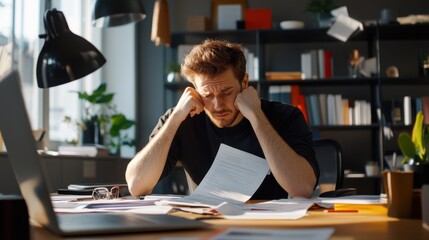 Frustrated Young Man in Modern Office Environment Struggling with Paperwork and Project Deadlines Amidst Disorganized Workstation