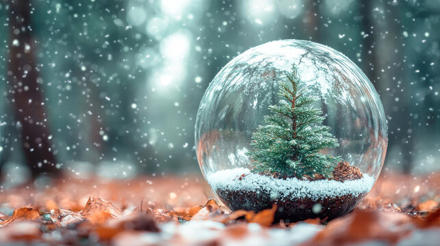 A small pine tree encased in a glass ball surrounded by falling snow in a foggy forest setting - Powered by Adobe