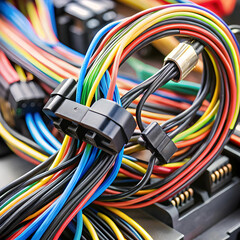 A detailed view of a vehicle's wiring harness, showcasing intricate connections and components essential for electrical systems.