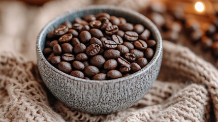 Fototapeta premium Rustic bowl of roasted coffee beans on textured fabric