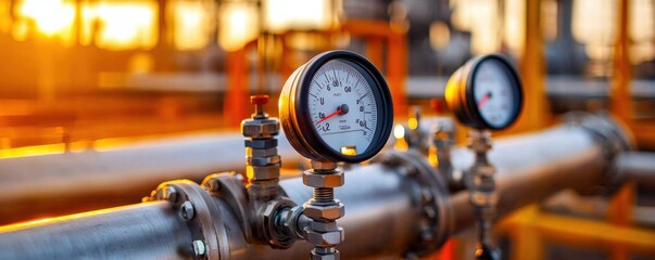 Industrial Equipment with Pressure Gauges in Oil and Gas Facility Against Sunset Horizon, Highlighting Energy Production and Engineering Efficiency