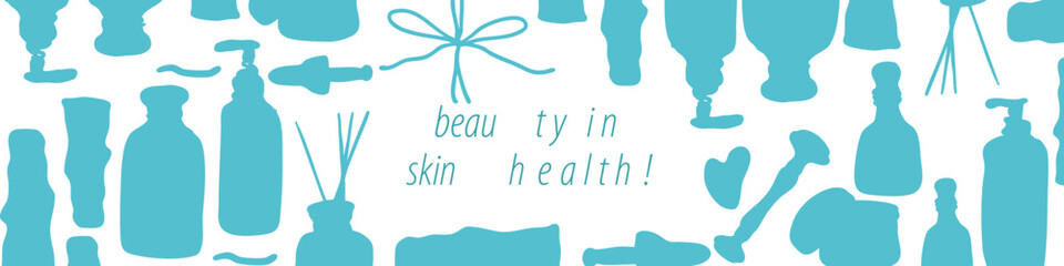 Skincare organic cosmetics bottle, eco cleanser, lotion facial gel, soap for face, oil scrub cream vector illustration, cream, serum. Body care. Hand drawn vector set. Organic cosmetics. 