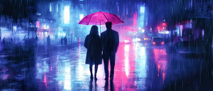 Couple embracing under a pink umbrella in the rain on a vibrant city street at night, illuminated by soft neon lights - Powered by Adobe