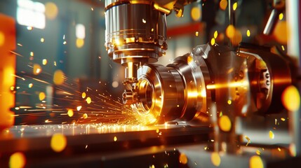 High-Speed Precision Machining Process with Sparks and Bright Particles in Industrial Workshop Environment Displaying Modern Technology and Craftsmanship