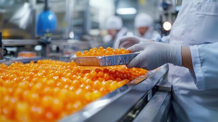 Fototapeta premium Freshly Harvested Orange Fish Eggs Processed in a Modern Factory with Skilled Workers Wearing Gloves and Hairnets Focusing on Quality Control and Efficiency