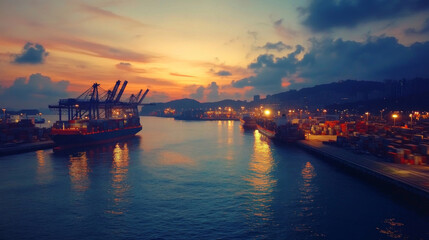 Fototapeta premium Container Ships Docked at Busy Seaport,Global Logistics and Trade