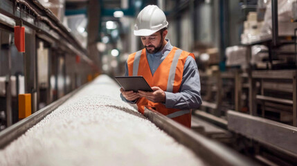 Fototapeta premium Supply Chain Manager Overseeing Automated Conveyor Belt with Digital Tablet