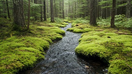 Obraz premium A small stream flows through a lush, green forest, surrounded by moss-covered ground and tall, slender trees.