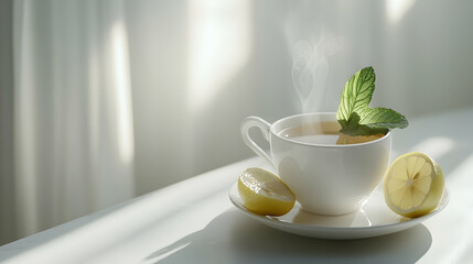 A steaming cup of tea with lemon and mint garnishes sits on a white table in front of a sheer white curtain.