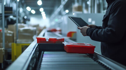 SCM Manager Overseeing Automated Conveyor Belt with Tablet for Supply Chain Optimization