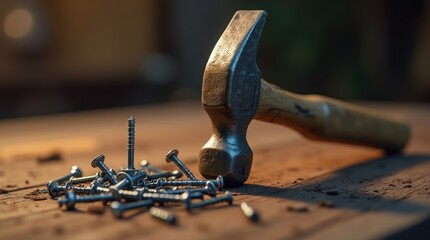 Close-Up of a Hammer and Scattered Nails on a Rustic Wooden Surface. 