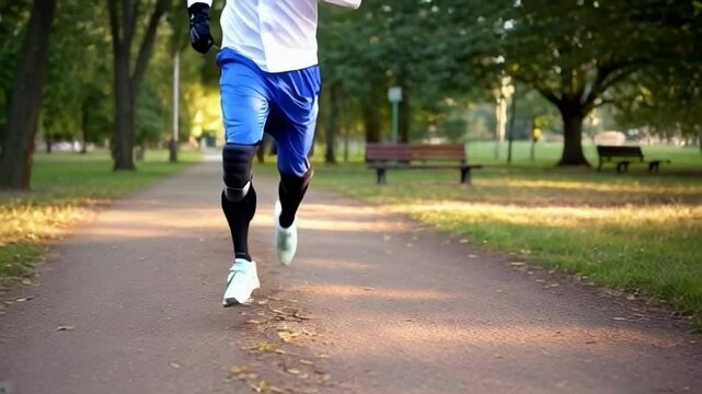 Man with prosthetic legs running along a path in the park at sunrise. Morning light highlights his determination and athletic spirit.

