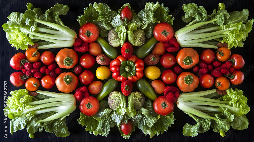 Wall mural a symmetrical pattern of fresh vegetables and fruit arranged in a geometric pattern.