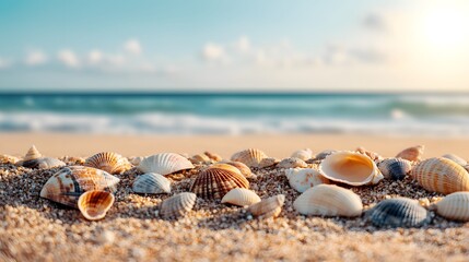 Discover the Tranquil Beauty of Seashells on a Pristine Beach at Sunset's Warm Embrace. Natural Macro Shot Texture Environment Concept