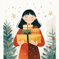 Hand drawn colorful illustration of a young asian woman holding gift boxes and decorated fir trees on isolated white background 