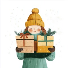 Hand drawn colorful illustration of a young woman character holding few gift boxes on isolated white background