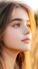 Fototapeta premium A close-up portrait of a young woman with glowing skin and soft features, complemented by natural sunlight, Ideal for beauty campaigns, lifestyle blogs, or youth-oriented content,