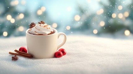 Fototapeta premium Cozy hot chocolate with festive toppings in winter setting