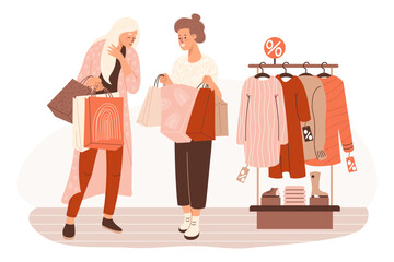 Shopping. Seasonal sale in store. Cute couple women girlfriends buyers near store rack with fashionable clothes and things. Vector illustration. Holiday shopper character, purchase, Black Friday