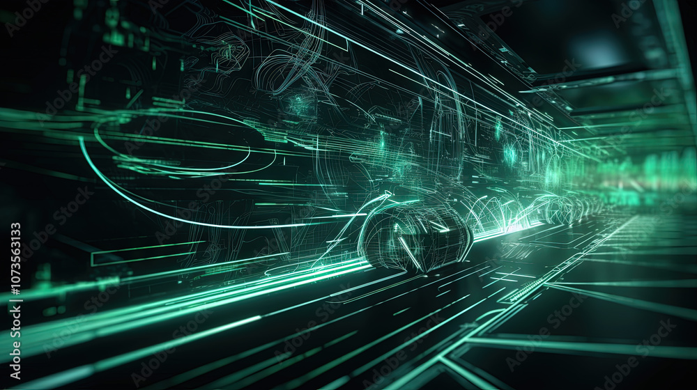 Poster Abstract light streaks in a dynamic digital space with glowing green elements