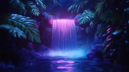 Serene waterfall in vibrant colors surrounded by lush foliage.