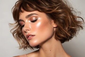 woman with foxy layered haircut and glowing, dewy makeup, highlighting a soft, radiant complexion, subtle shimmer on eyelids, and a glossy neutral lip