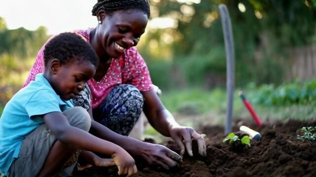 Smiling mother and young son planting crops in a garden, enjoying a bonding moment while working in the vegetable patch.