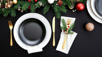 Elegant Christmas Table Setting with Gold Utensils, Festive Decorations, and Dark Background Perfect for Holiday Celebrations