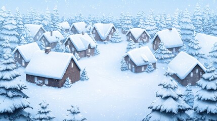 Snowy village scene with cozy cabins nestled in winter landscape.