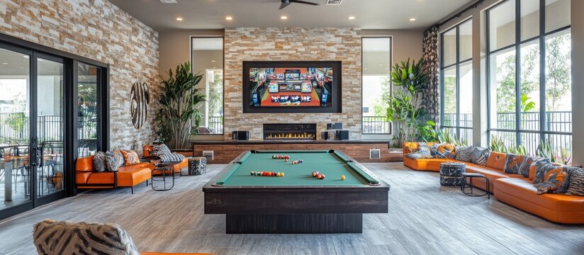 Modern living room with a pool table, large windows, fireplace, and a large screen tv.