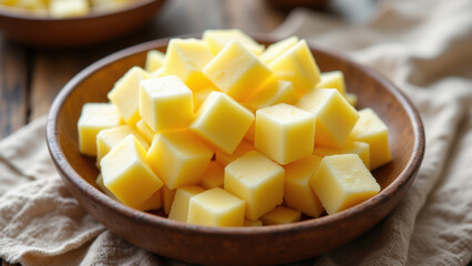 Beef tallow neatly cubed on a wooden board with a rustic cloth underneath.