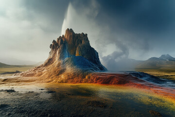 Colorful geothermal geyser erupting amidst a dramatic landscape with steaming vents and vibrant mineral deposits under a cloudy sky.