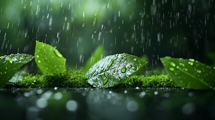 Raindrops Embrace Lush Green Moss and Leaves in a Tranquil Natural Setting Under Soft Light. Natural Macro Shot Texture Environment Concept