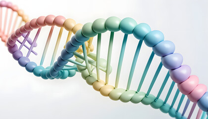 Modern scientific illustration of a DNA strand with each component colored differently, creating a rainbow effect, on a clean white background.