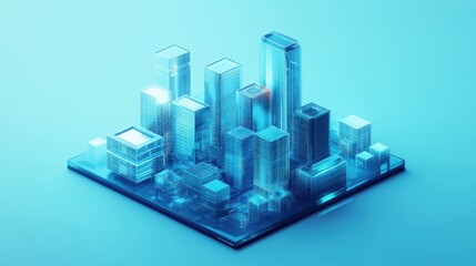 3D rendering of a futuristic city with buildings and a data center on a blue background
