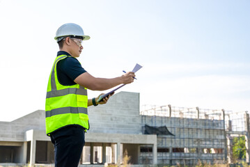 Construction engineers inspect the progress of building construction plans and inspect the structural integrity.